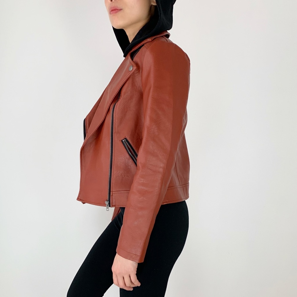 MOTO Biker Hooded Jacket- Camel Cognac - Picture 6 of 7